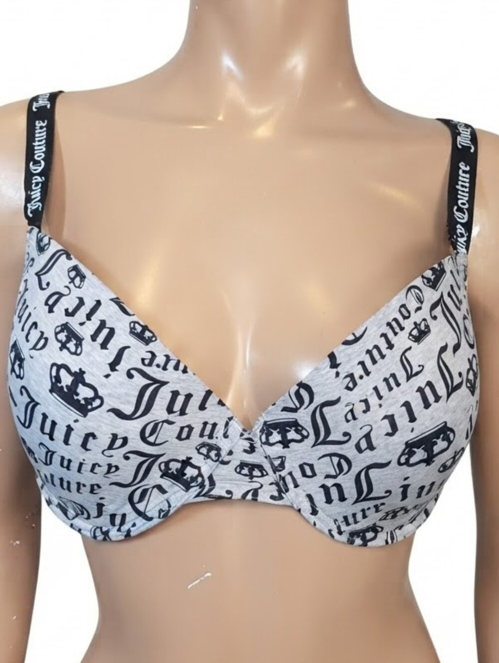 Juicy Couture Intimates Grey Black Logo Print Bra Size 40D Padded Underwire